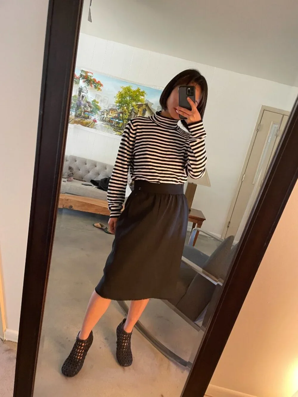 Chanel vintage Cruise 2000 mid length dark navy paneled A-Line wool skirt FR 34